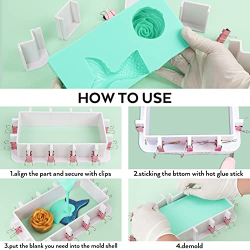 Nicpro Adjustable Molds Housing for Silicone & Resin Molds, Reusable Plastic Frame with Binder Clips & Double-Sided Tape for Soap & Candle Making