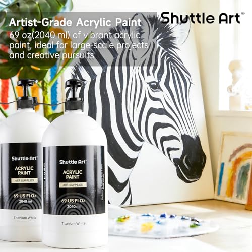 Shuttle Art Titanium White Acrylic Paint Set, 2×69oz/2040ml Large Capacity Pump Bottles with Covers, High Coverage, Fast Drying Non-Toxic Art Paint for Artists, Students, Kids & Multi-Surface - color: White, size: 69 Fl Oz (Pack of 2)