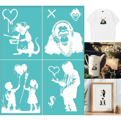 2 Sheets Banksy Stencil Screen Printing, Reusable Self-Adhesive Silk Screen Stencil Banksy Man Pattern Mesh Transfers Stencil for Wall Border Wood Fabric Home Craft Decor - style: Banksy Man