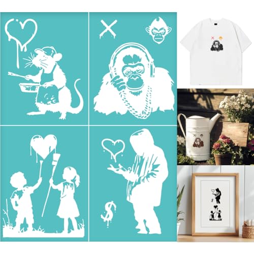 2 Sheets Banksy Stencil Screen Printing, Reusable Self-Adhesive Silk Screen Stencil Banksy Man Pattern Mesh Transfers Stencil for Wall Border Wood Fabric Home Craft Decor - style: Banksy Man