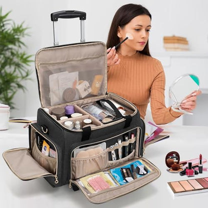 LUXJA Rolling Makeup Case with 3 Removable Pouches and 1 Makeup Brush Bag, Large Makeup Bag Cosmetic Bag with Detachable Dolly (Patented), Black - color: Black