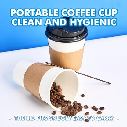 RACETOP 16 oz 100 Pack Disposable Paper Coffee Cups with Lids, Sleeves and Stirrers, Hot Cups, Paper Cups with Lids, Sleeves and Stirrers, Ideal for Home/Office - size: 16 oz