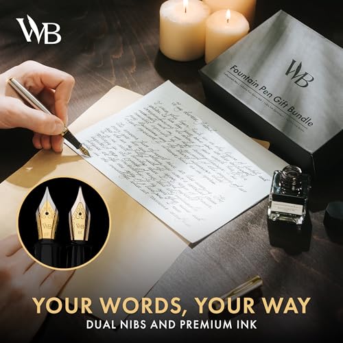 Wordsworth & Black Fountain Pen Set,18K Gilded Medium and Extra Fine Nib,25ML Black Ink Bottle,6 Ink Cartridges,Refill Converter,Gift Box,Smooth Writing Pens [Silver Gold],Gift Set for Men and Women - color: Silver Gold