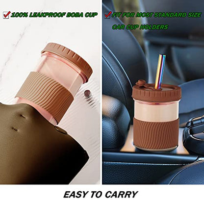 Amyoole 2 Pack Reusable Boba Cup,24Oz Wide Mouth Smoothie Cup,mason Jar Glass Cups with Lids and Straws,Bubble/Boba Tea Cups,Ice Coffee Tumbler 2 colored straws 1 sponge brush(Brown) - color: Brown