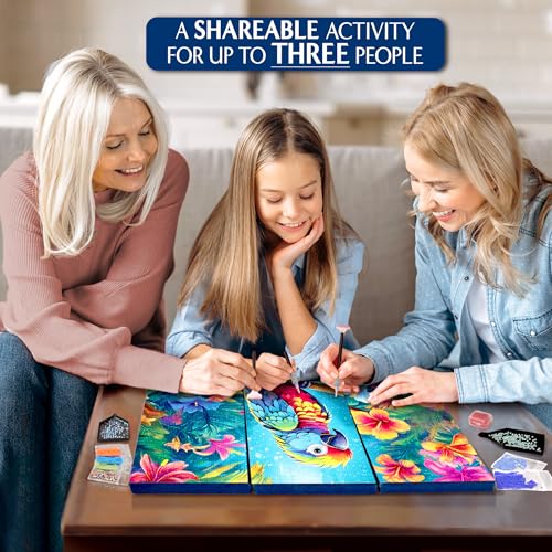 ArtSkills Diamond Painting Kit, Diamond Art Ready to Hang Framed Canvas with Storage and Accessory Kit, Parrot Paradise, 3 Stretched Canvas Panels, 14” x 7” Each - color: Parrot Paradise