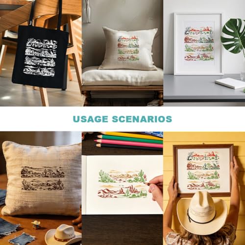 2 Sheets Desert Landscape Silk Screen Stencil, Cactus Mesas Coyotes Self-Adhesive Silk Screen Printing Stencils Reusable Mesh Stencil for Painting on Wall, Wood, T-Shirt, Home Craft Decor - style: Desert Landscape