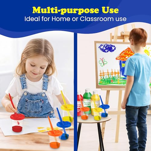EXTRIC Washable Paint for Kids 6 PK x 8oz Bottles, Paint Cups & Brushes