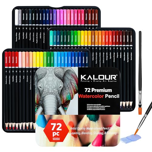 KALOUR 72 Water Soluble Watercolor Pencils Set with 2 Brushes | Smooth blendable pigments for wet & dry painting, great for adults, beginners, coloring books, sketching and illustration
