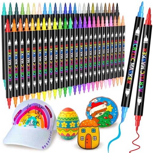 JR.WHITE 48 Colors Dual Tip Acrylic Paint Markers, Acrylic Paint Pens With Brush Tip and Fine Tip For Coloring Book, Rock Painting, Wood, Canvas, Ceramic, Fabric, Stone, Easter Eggs, DIY Crafts - color: 48 colors