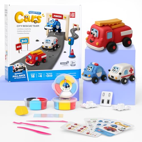Air Dry Clay Kit for Kids - Pull Back Car Making, 3 Boxes Modeling Clay with Sculpting Tools, Base, Backing Board, Tutorial, Ultra Light & Soft, Non-Toxic & Safe, Creative DIY Arts and Crafts Toys - color: City Rescue Team