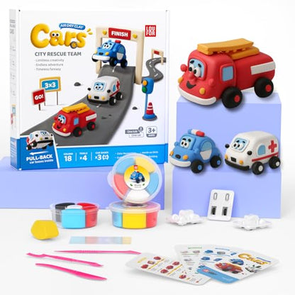 Air Dry Clay Kit for Kids - Pull Back Car Making, 3 Boxes Modeling Clay with Sculpting Tools, Base, Backing Board, Tutorial, Ultra Light & Soft, Non-Toxic & Safe, Creative DIY Arts and Crafts Toys - color: City Rescue Team