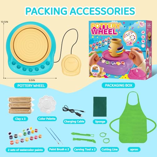 Cmiolacuna Pottery Wheel for Kids, Complete Kit with Air-Dry Clay，Ages 8-12 | Beginner pottery kit with air-dry clay, 12 paints, clay tools and apron - no kiln needed, screen-free craft gift ages 8-12 - color: Blue