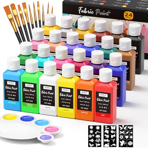 Nicpro 24 Colors Fabric Paint (2oz/60ml), Permanent Soft Fabric Paint Set with Brushes, Palette, Stencils, Non-Toxic Textile Paint for Fabric DIY Crafts, T-Shirts, Shoes, Jeans, Bags, Furniture, Art - color: 24 Colors, size: 2oz (60ml)