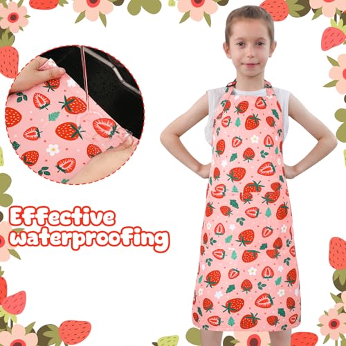 2 Pack Kids Apron, Cute Cooking Aprons, Waterproof Art Apron with Pockets, Toddler Painting Artist Apron Adjustable - color: Strawberry, size: 40*50cm