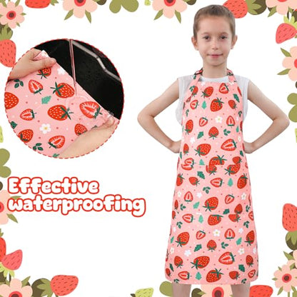 2 Pack Kids Apron, Cute Cooking Aprons, Waterproof Art Apron with Pockets, Toddler Painting Artist Apron Adjustable - color: Strawberry, size: 40*50cm