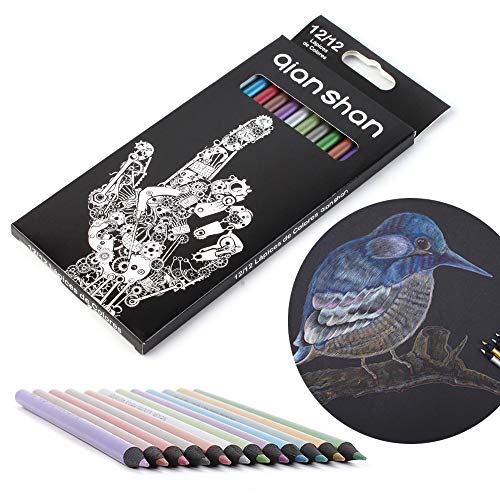 qianshan Metallic Colored Pencils 12 Colors - Non-toxic Black Wood Colored Pencils Pre-sharpened Wooden Sketching Pencils Set for Adults Coloring Book, Art Drawing, Black Paper, No Duplicates - color: 12 metallic pencils