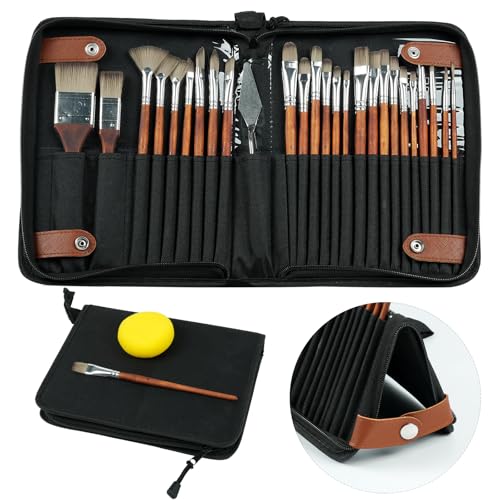 26Pcs Paint Brush Set for Acrylic Painting & Watercolor Brushes, Professional Acrylic Paint Brushes with Assorted Tips and Palette Knife, Art Supplies for Oil, Gouache and Face Painting