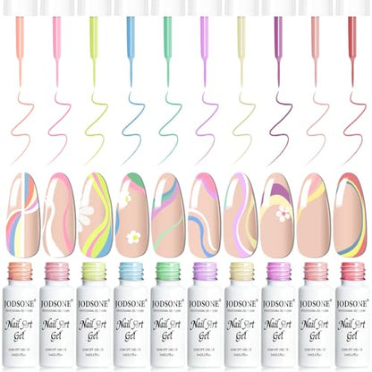 JODSONE 5ml Nail Art Gel Liner Set 10 Colors Gel Nail Polish Need U V Lamp Cured with Thin Brush Gift for Girls at Home Salon Design,Pink Red Blue Purple - color: LB501-LB510