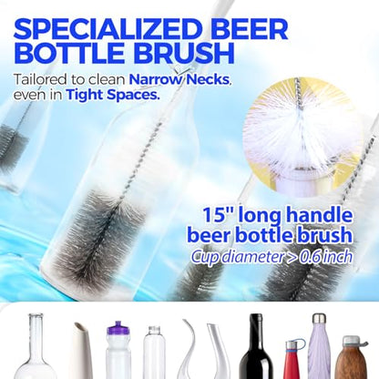 Holikme 10 Pack Bottle Brush Cleaner Set, 15" Long Handle Bottle Cleaner Brush, Flexible Long Handle Water Bottle Brush for Narrow Neck Beer Wine, 8 Straws, Abrasive Spiral Brushes, White Grey