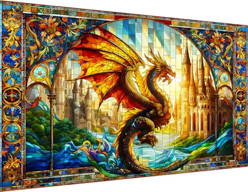 igoodom Large Diamond Painting, Stained Glass Dragon Diamond Art Kits for Adults, Full Drill Round Big Diamond Painting, DIY Gem Art and Crafts for Home Wall Decor Gift 27.5 X 15.7inch - color: MZ1431
