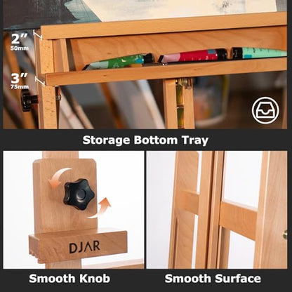 DJAR Large H-Frame Art Easel for Painting, Hold Canvas up to 49’’, Natural | Solid Beech Wood Adjustable Floor Stand with Storage Tray, Premium Art Supplies for Professional Artists, Students and Adults