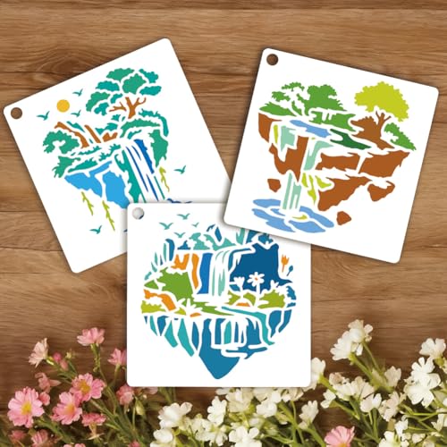 12 Sheets Small Island Stencils for Painting, 12 Styles Palm Tree Flowing Water Flower Wall Stencil Template Reusable Art Templates for Painting on Wall Wood Home Decor - style: Island