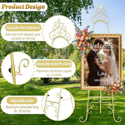 Gold Easel Stand for Wedding Sign - 59" H x 22" L x 20" W Adjustable Metal Floor Easel with Chain Support, Heavy Duty Display Standing Easel for Mirror, Picture Frame, Poster, Birthday & Exhibition Decor
