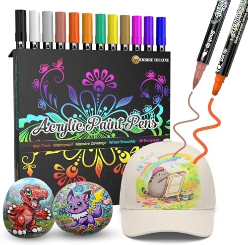 Desire Deluxe Acrylic Paint Pens for Rock Painting, Stone, Ceramic, Glass, Wood, Canvas – Set of 12 Non Toxic Water Based Markers - Great Artists Painting Supplies (Dual Tip Multicolor, 12)