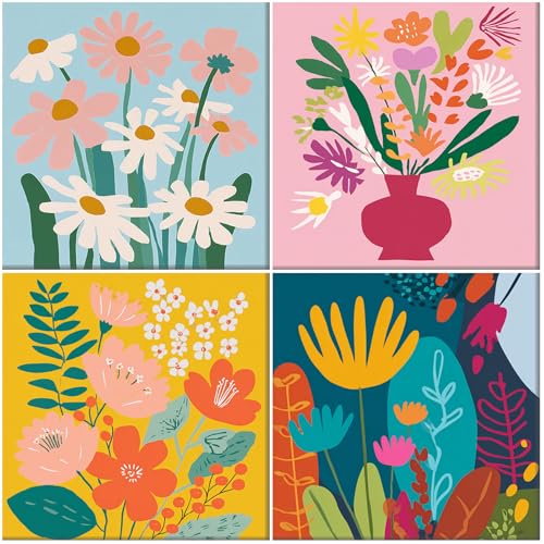 MAXBYE 4 Pack Paint by Numbers Kit for Kids Ages 8-12, Flower Paint by Number with Pre Drawn Canvas Boards, Easy Acrylic Arts and Crafts Oil Painting for Kids Home Wall Decor 8x8 in - color: BK4ZH050
