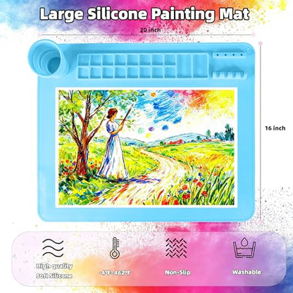 Silicone Painting Mat, 20"X16" Craft Mat,Large Art Mat with Built in Cup and Paintbrush Holder, Nonslip Clay Mats, Color Dividers Silicone Mats for Painting, Table, Resin and DIY Blue - color: Blue