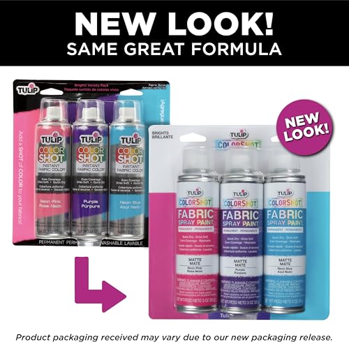 Tulip ColorShot Instant Fabric Spray Paint, Permanent Color Spray-On Fabric Paint, 3 oz Brights 3 Pack, Neon Pink, Purple, Neon Blue