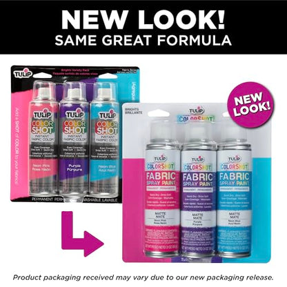 Tulip ColorShot Instant Fabric Spray Paint, Permanent Color Spray-On Fabric Paint, 3 oz Brights 3 Pack, Neon Pink, Purple, Neon Blue