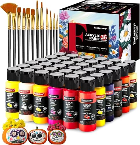 Fantastory Acrylic Paint Set 36 Classic Colors(2oz /60ml) with 12 Brushes, Professional Craft Thick Paints Kits for Adults, Canvas Wood Fabric Ceramic Rock Painting Supplies [Professional Series] - style: 36 Classic Colors
