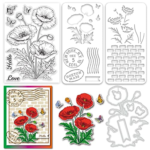 ORIGACH Realistic Corn Poppy Flower Stamps and Die and Layering Coloring Stencil Bundle for Card Making Album Arts Crafts Supplies - color: Corn Poppy