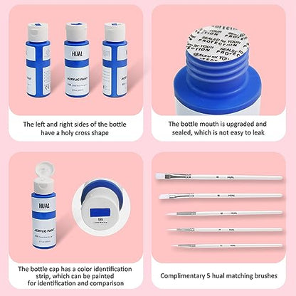 HUAL Acrylic Paint Set With 5 Brushes, 24 Colors (60ml, 2oz) for Artists Kids Beginners & Painters,Model/Canvas/Rock/Fabric/Glass/Stone/Ceramic/Wood Painting, Non Toxic - color: White Bottle (Clean Look)