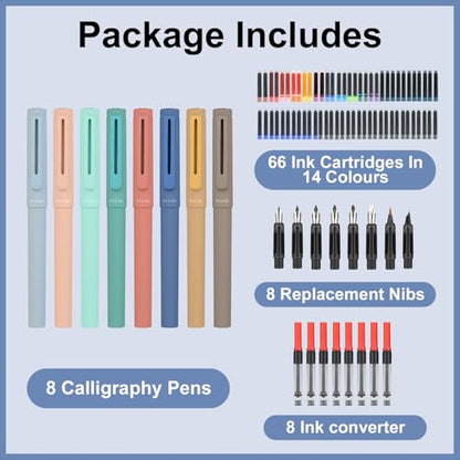 Calligraphy Pen Set 74pcs- 8 Calligraphy Fountain Pens with Varied Nibs, 66 Ink Cartridges(14 Colors)-Writing, Drawing, Calligraphy Practice for Beginner GC-F866