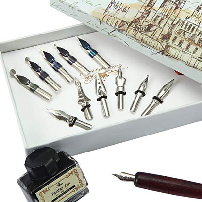 Wooden Quill Pen wiht Ink Set Handcrafted Wooden Callgraphy Pen Writing Dip Ink Pen Gift Set with 11pcs Metal Pen Nibs &Black Ink