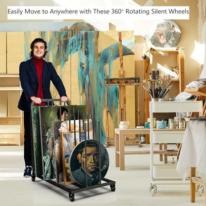 Mobile Art Canvas Storage Rack on Wheels, Adjustable Metal Framed Artwork Drying Holder, Large Vertical Picture Frame Display Stand for Painting Boards, Framed Picture, Shipping Box (Black) - color: Black