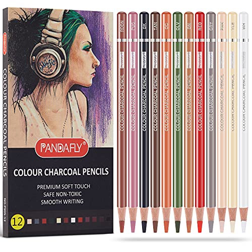 PANDAFLY Professional Colored Charcoal Pencils Drawing Set, 12 Colors Skin Tone Colored Pencils, Pastel Chalk Pencils for Sketching, Shading, Coloring, Layering & Blending - color: 12 Colors