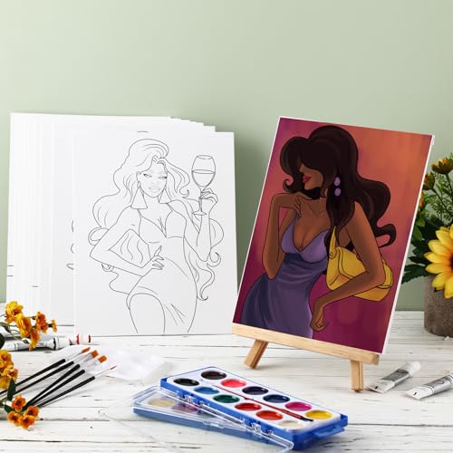 Ctosree 12 Sets Pre Drawn Canvas Kit for Painting Adults Sip and Paint Kit Art Pre Printed Canvas Bulk for Adult Date Night, Art Party & Holiday Gift(Gorgeous Lady,8 x 10 in) - size: 8 x 10 in, style: Gorgeous Lady
