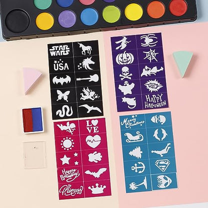 Incraftables Non-Toxic Water-Based Face Paint Kit – 24 Colors with Brushes, Stencils & Glitter for DIY Art, Cosplay, Festivals & Creative Projects - style: Face Painting Kit