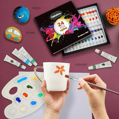 Acrylic Paint Set with 3 Paint Brushes, 24×12ml Colors Premium Paint Set with 1 Palette 1 Canvas Boards, Art Painting Kits for Adults, Paints Supplies for Canvas Rock Painting Craft Art Class