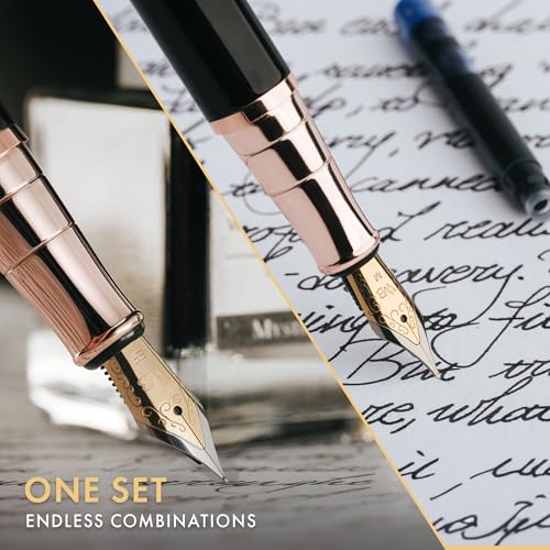 Wordsworth & Black Fountain Pen Set, 18K Gilded Medium and Extra Fine Nib, 25ML Black Bottle, 6 Ink Cartridges, Refill Converter, Smooth Writing Pens [Black Rose Gold], Gift Set for Men and Women - color: Black Rose Gold