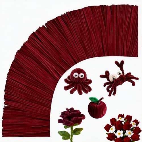 Pipe Cleaners,200Pcs Wine Red Pipe Cleaner Flower Kit,Chenille Stems for DIY Bouquet Festivals Room Decor,Valentine's Day Craft Supplies,Christmas Ornaments,Halloween Fall Decorations for Home Crafts - color: Red Rose