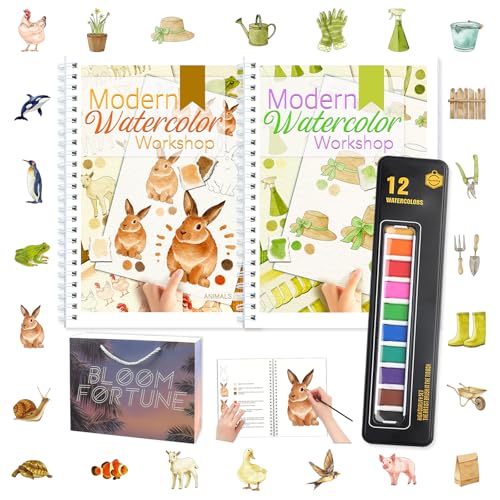 apolyone 2-Pack Beginner Watercolor Workbooks: 24 Coloring Pages + 12 Watercolor Paints + Brush – 300gsm/140lb Paper – Gift for Women, Adults & Beginners (Garden & Animals) - style: Garden & Animals