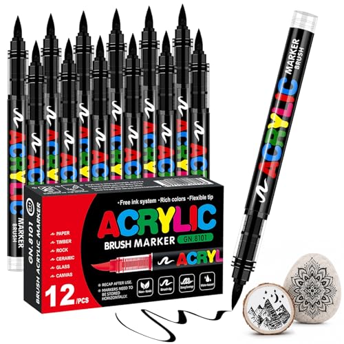 12 Black Acrylic Paint Marker, Water-Based Ink Black Paint Pen with Brush Tip,Direct-Liquid Ink Permanent Markers for Paper,Rock,Glass,Wood,Canvas,Painting,Ceramic,Fabric,Metal,Quick-Drying DIY Crafts - color: Black
