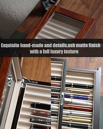 Pen Display Case with 24 Slots - Fountain Pen Storage Organizer with Glass Window (Brown Ash Veneer Finish, Creamy-White Velvet) - color: brown 24 slots, white velvet