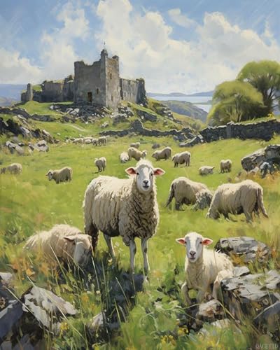 QACEYID Canvas Paint by Numbers Kits for Adults, Ireland Sheep Lambs, DIY Kit for Adults Acrylic Paint Oil Picture of Coloring by Numbers Art, 40x50cm