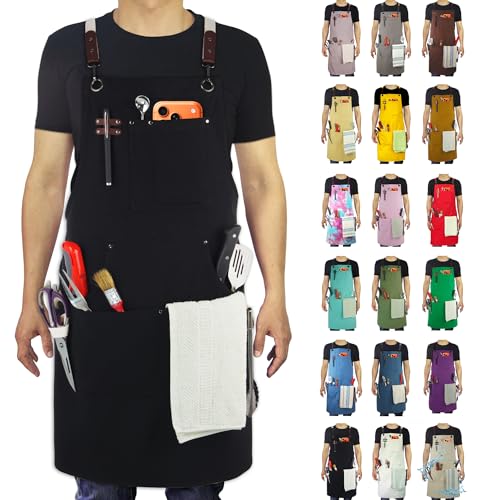 Kitchen Apron, Work Apron, Canvas, Multiple Pockets, Gardening, Painting, BBQ, Artist, Carpenter, Sizes M to XXL, Black - color: Black
