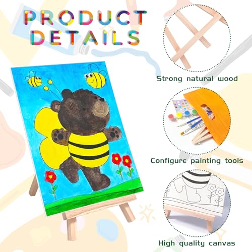 48PCS 12 Sets Printed Canvas Paint Art 12 Pcs Wooden Easel Set Paint Pots and Brushes and 12 Pre Drawn Canvas Panel 12 Pcs Mini Apron and Tote Bag for Kids(Animal) - style: Animal
